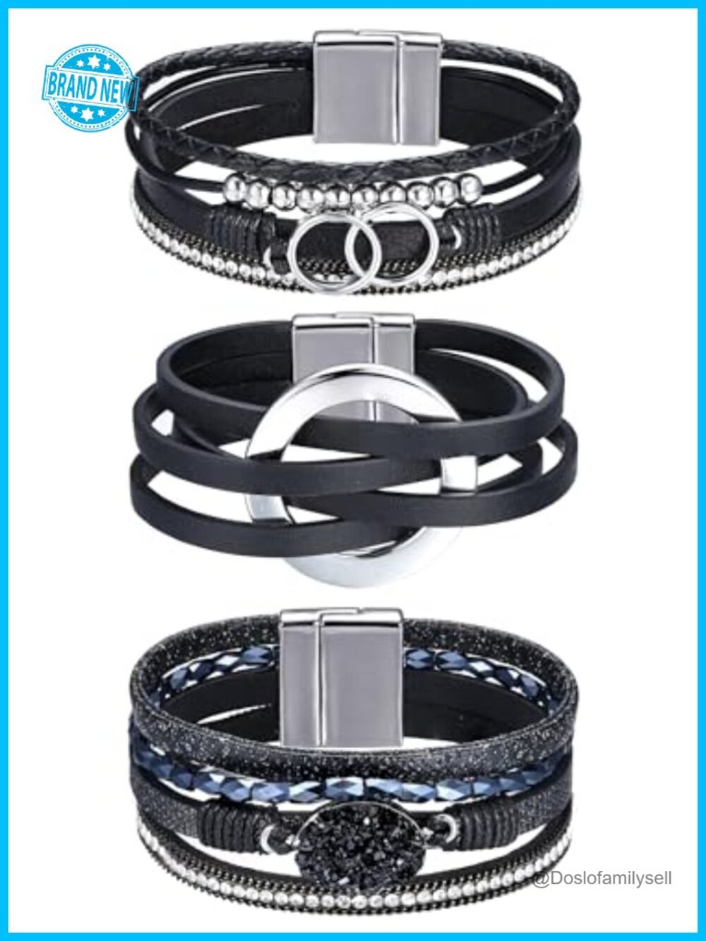 Set of 3 Leather Wrap Bracelets Boho Beaded Cuff Bracelets